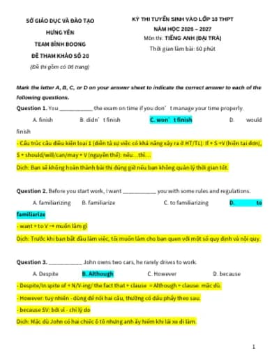 BỘ 20 ĐỀ THI TIẾNG ANH VÀO 10 FORM MỚI HƯNG YÊN 2026-2027 KEY CHI TIẾT BẢN WORD