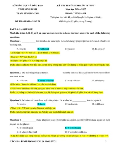BỘ 20 ĐỀ THI TIẾNG ANH VÀO 10 NINH BÌNH MỚI NHẤT 2026-2027 (KEY CHI TIẾT + BẢN WORD)
