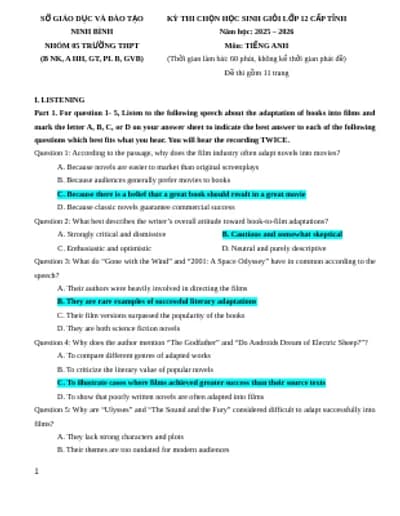 BỘ 30 ĐỀ THI HSG ANH 12 2025-2026 (FULL KEY CHI TIẾT + BẢN WORD + FILE NGHE + TAPESCRIPTS) (PHẦN 3)