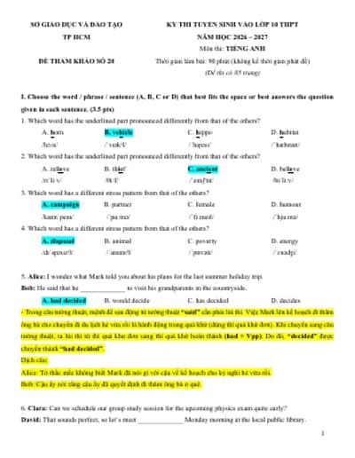 BỘ 20 ĐỀ THI TIẾNG ANH VÀO 10 TP HCM MỚI NHẤT 2026-2027 (KEY CHI TIẾT + BẢN WORD)