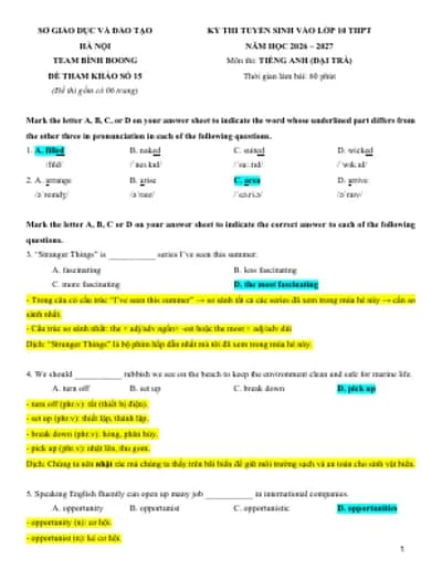 BỘ 15 ĐỀ THI TIẾNG ANH VÀO 10 HÀ NỘI MỚI NHẤT 2026-2027 (KEY CHI TIẾT + BẢN WORD)