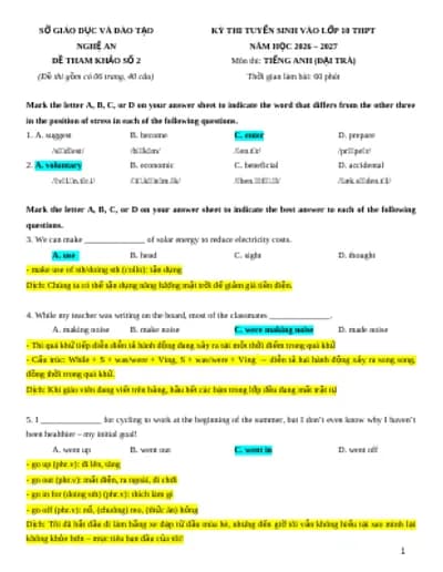 BỘ 15 ĐỀ THI TIẾNG ANH VÀO 10 NGHỆ AN MỚI NHẤT 2026-2027 (KEY CHI TIẾT + BẢN WORD)