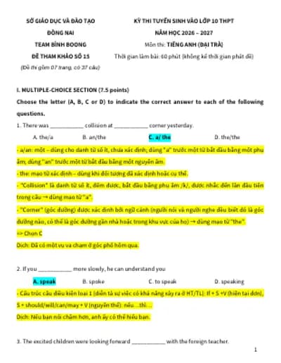 BỘ 15 ĐỀ THI TIẾNG ANH VÀO 10 ĐỒNG NAI MỚI NHẤT 2026-2027 (KEY CHI TIẾT + BẢN WORD)