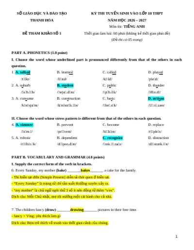 BỘ 10 ĐỀ THI TIẾNG ANH VÀO 10 THANH HOÁ MỚI NHẤT 2026-2027 (KEY CHI TIẾT + BẢN WORD)