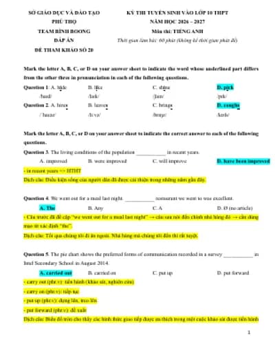 BỘ 20 ĐỀ THI TIẾNG ANH VÀO 10 PHÚ THỌ MỚI NHẤT 2026-2027 (KEY CHI TIẾT + BẢN WORD)