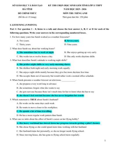 BỘ 20 ĐỀ HSG ANH 11 CÁC TỈNH/THÀNH 2025-2026 (PHẦN 1) (FULL KEY CHI TIẾT + FILE NGHE + BẢN WORD)