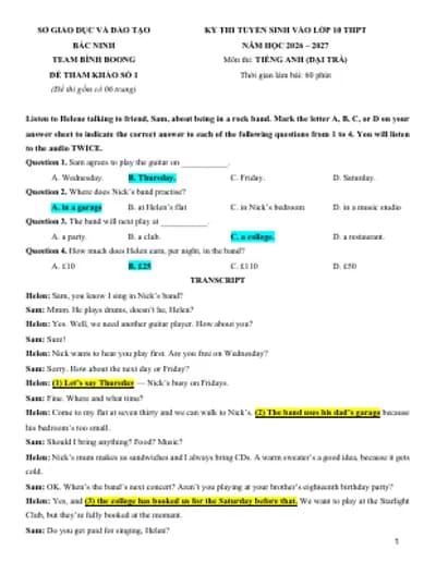 BỘ 20 ĐỀ THI TIẾNG ANH VÀO 10 BẮC NINH MỚI NHẤT 2026-2027 (KEY CHI TIẾT + BẢN WORD + FILE NGHE + TAPESCRIPTS)