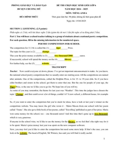 BỘ 20 ĐỀ THI HSG ANH 6 CÁC TỈNH THÀNH 2024-2025 (FULL KEY CHI TIẾT + FILE NGHE + TAPESCRIPTS + BẢN WORD)