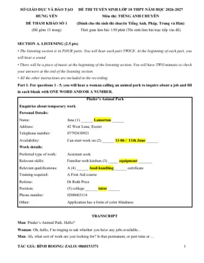 BỘ 15 ĐỀ THI CHUYÊN ANH HƯNG YÊN THAM KHẢO MỚI NHẤT 2026-2027 (FULL KEY CHI TIẾT + FILE NGHE + BẢN WORD)