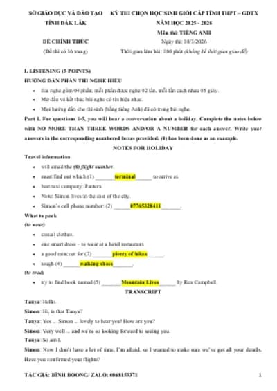 BỘ 23 ĐỀ THI HSG ANH 12 CHÍNH THỨC CẤP TỈNH/THÀNH PHỐ 2025-2026 (KEY CHI TIẾT + BẢN WORD + CÓ FILE NGHE + TAPESCRIPTS)