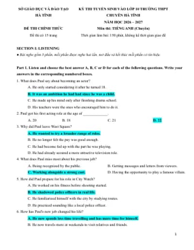 BỘ 25 ĐỀ THI CHUYÊN ANH CHÍNH THỨC 2026-2027 (KEY CHI TIẾT + BẢN WORD + FILE NGHE)